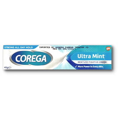 COREGA ULTRA MINT DENTURE FIXATIVE CREAM — STRONG ALL DAY HOLD 40 GM